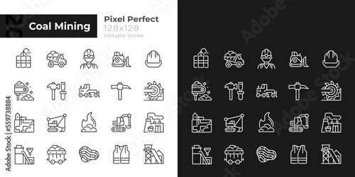 Coal mining pixel perfect linear icons set for dark, light mode. Personal protective equipment. Heavy industry. Thin line symbols for night, day theme. Isolated illustrations. Editable stroke