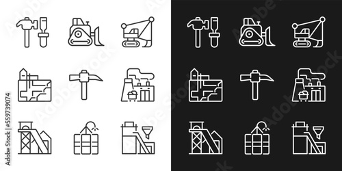 Mining industry related pixel perfect linear icons set for dark  light mode. Heavy equipment. Coal processing plant. Thin line symbols for night  day theme. Isolated illustrations. Editable stroke