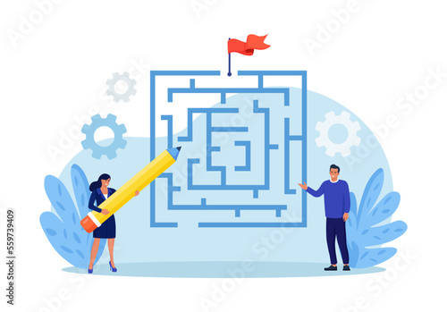 Businessman solving business problem, searching for labyrinth exit plan. People drawing path from question to answer. Business strategy, planning and skill to overcome challenges to reach success
