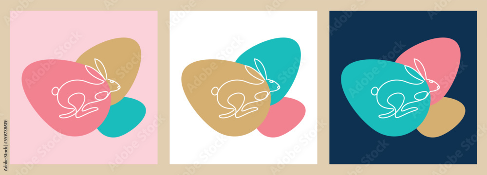 One continuous line drawing of a running bunny against a background of colorful Easter eggs One continuous line drawing of a running bunny against a background of colorful Easter eggs