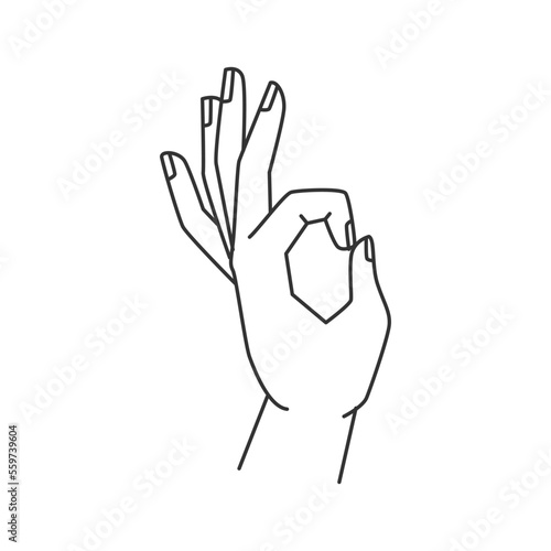 Okay symbol hand gesture, isolated fingers forming circle abstract thin line icon. Assurance of agreement or consensus. Satisfaction or accordance sign nonverbal communication. Vector in flat style