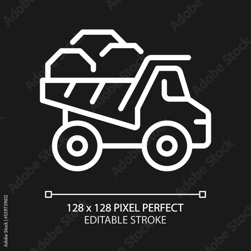 Dump truck pixel perfect white linear icon for dark theme. Dumper lorry. Heavy materials transportation. Coal mining. Thin line illustration. Isolated symbol for night mode. Editable stroke