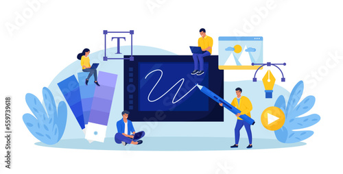 Graphic designers creating artwork using digital pen and tablet. Digital artist working on web page design. Advert designer or illustrator drawing picture on device screen. Professional software
