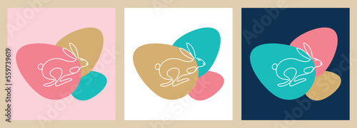 One continuous line drawing of a running bunny against a background of colorful Easter eggs