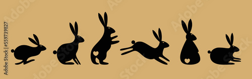 Cute bunnies silhouette set for 2023 Horoscope, Asian lunar calendar, Easter decor