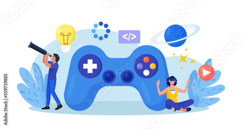 Game development. Creative process of video game design. Programming, digital technology and coding. Virtual world development, interactive design visualization. VR space exploring and simulation