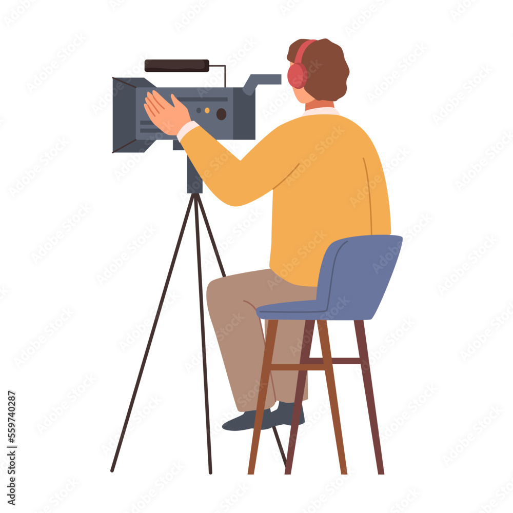 Cameraman sitting on chair, adjusting camera on tripod for shooting