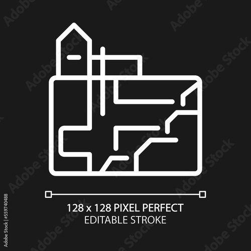 Underground mining pixel perfect white linear icon for dark theme. Heavy industry. Excavation and extraction of ore. Thin line illustration. Isolated symbol for night mode. Editable stroke