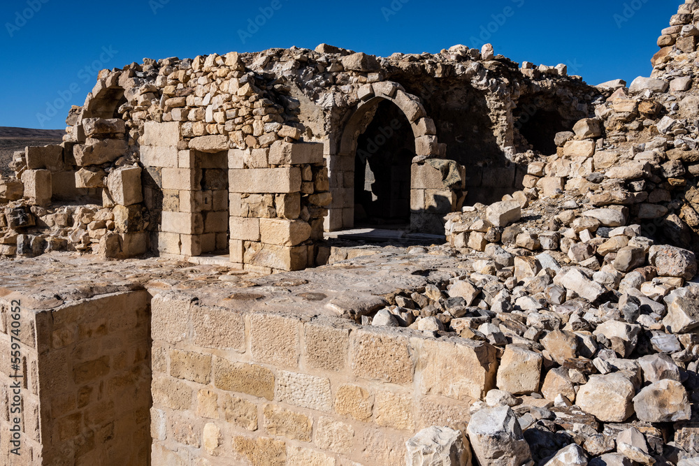 picturesque ancient ruins of Shobak fortress in Jordan on a sunny day against the blue sky