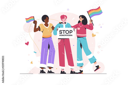 Stop homophobia concept. Group of LGBT activists in parade. Vector illustration in flat style. People holding lgbt flag at a gay pride. Love is love. Lgbtq, lgbt, rights protection