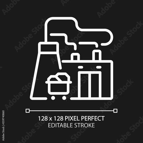 Fuel power plant pixel perfect white linear icon for dark theme. Thermal power station. Convert combustion into energy. Thin line illustration. Isolated symbol for night mode. Editable stroke