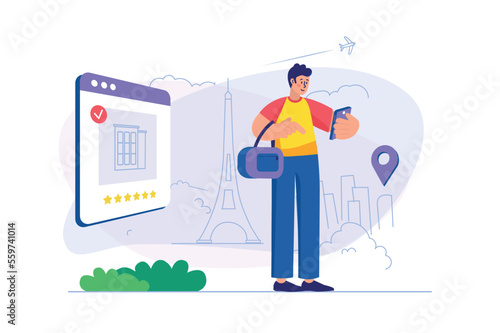 Travel concept with people scene. Man traveler is going on vacation in different country, booking plane tickets and hotel room. Illustration with character in flat design for web banner