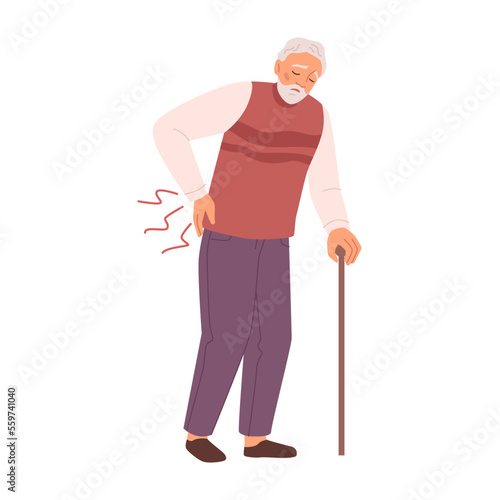 Backache of grandfather with walking stick. Isolated senior personage, pensioner or elderly man with health problems. Flat cartoon character, vector illustration