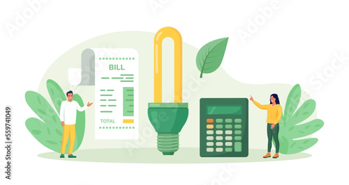 Utility bills payment. Electricity consumption expenses. People reduce energy consumption at home, use energy saving light bulb. Power save concept. Household energy and resources, meter installation