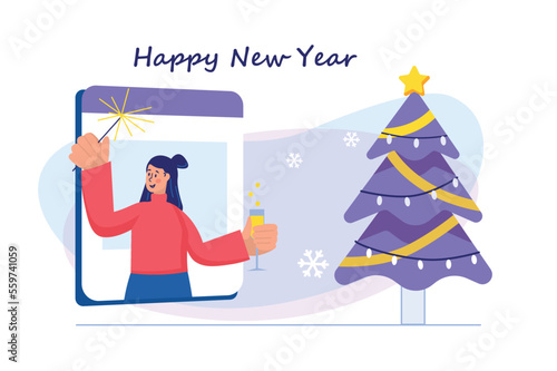 Happy New Year concept with people scene. Woman with sparklers and champagne glass is preparing to celebrate holiday at festive tree. Illustration with character in flat design for web banner