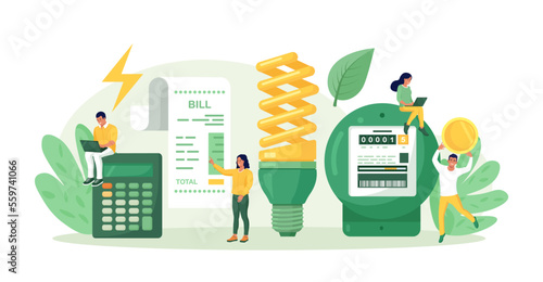 Utility bills payment. Electricity consumption expenses. People reduce energy consumption at home, use energy saving light bulb. Power save concept. Household energy and resources, meter installation