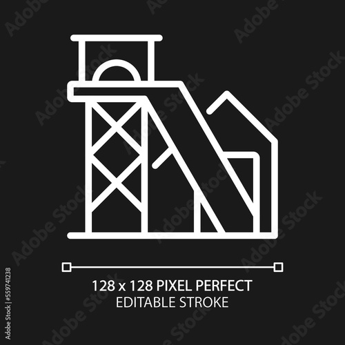 Coal mine pixel perfect white linear icon for dark theme. Lode of fossil fuel in earth. Extraction of rock and ore. Thin line illustration. Isolated symbol for night mode. Editable stroke