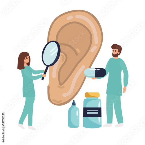 Doctors check health of ear, hearing organ. Medical examination, test and treatment of ear, otolaryngology. Ent checks loss hearing. Vector flat illustration