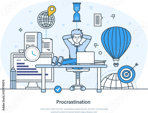 Procrastination, unprofitable time wasting, useless pastime, deadline breaking concept. Procrastinating businessman sitting with legs on office desk postponing work thin line design of vector doodles