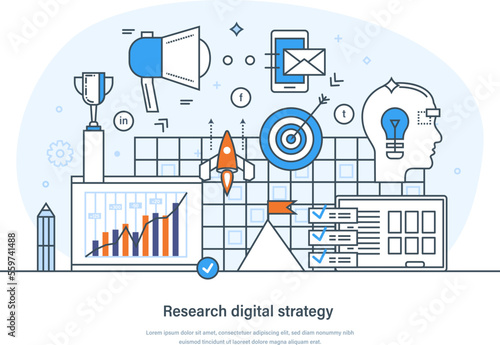 Research digital strategy business concept for banner and website. Digital marketing strategy, media planning, service, analytics, financial analysis and statistics thin line design of vector doodles
