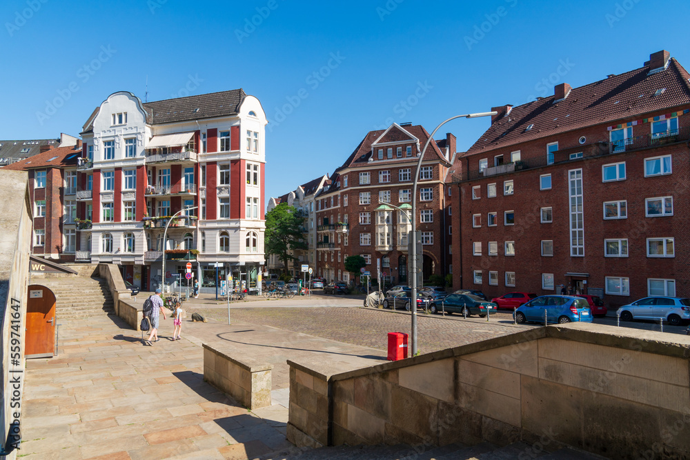 Square in front of St. Michael's Church, a Lutheran church located in the center of Hamburg, Germany 