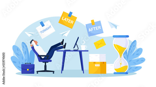 Procrastination or project deadline. Lazy businessman sitting with his legs on desk, dreaming and procrastinating instead of working. Productivity and efficiency in work. Resting office employee.