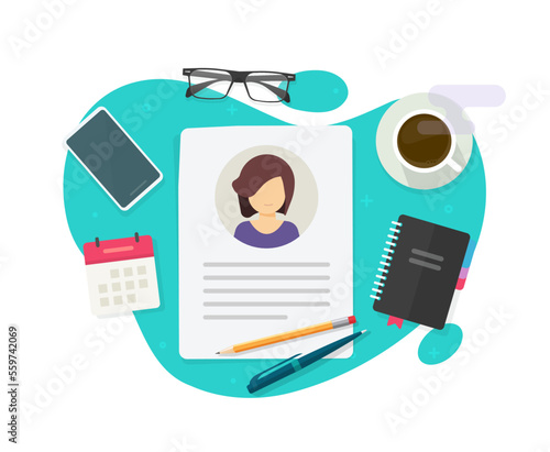 Biography story writing vector, autobiography personal narrative composition author essay flat table desk paper work illustration, create person description application, writer storytelling book