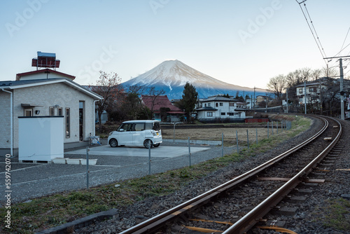 Railway tracks running through Mt. Fuji in the countryside