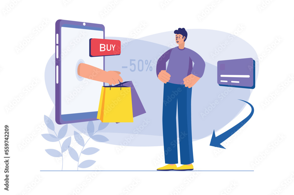 Mobile commerce concept with people scene. Man buyer chooses new products, makes purchases, orders and pays online in application. Illustration with character in flat design for web banner Mobile commerce concept with people scene. Man buyer chooses new products, makes purchases, orders and pays online in application. Illustration with character in flat design for web banner