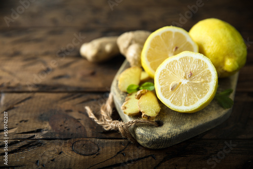 Fresh lemon with sliced ginger © marysckin