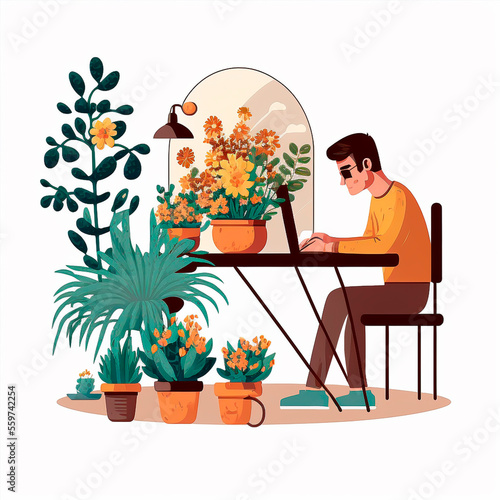 illustration of a man with a computer at a table next to a flower in a pot all on a white background - Upscaling by