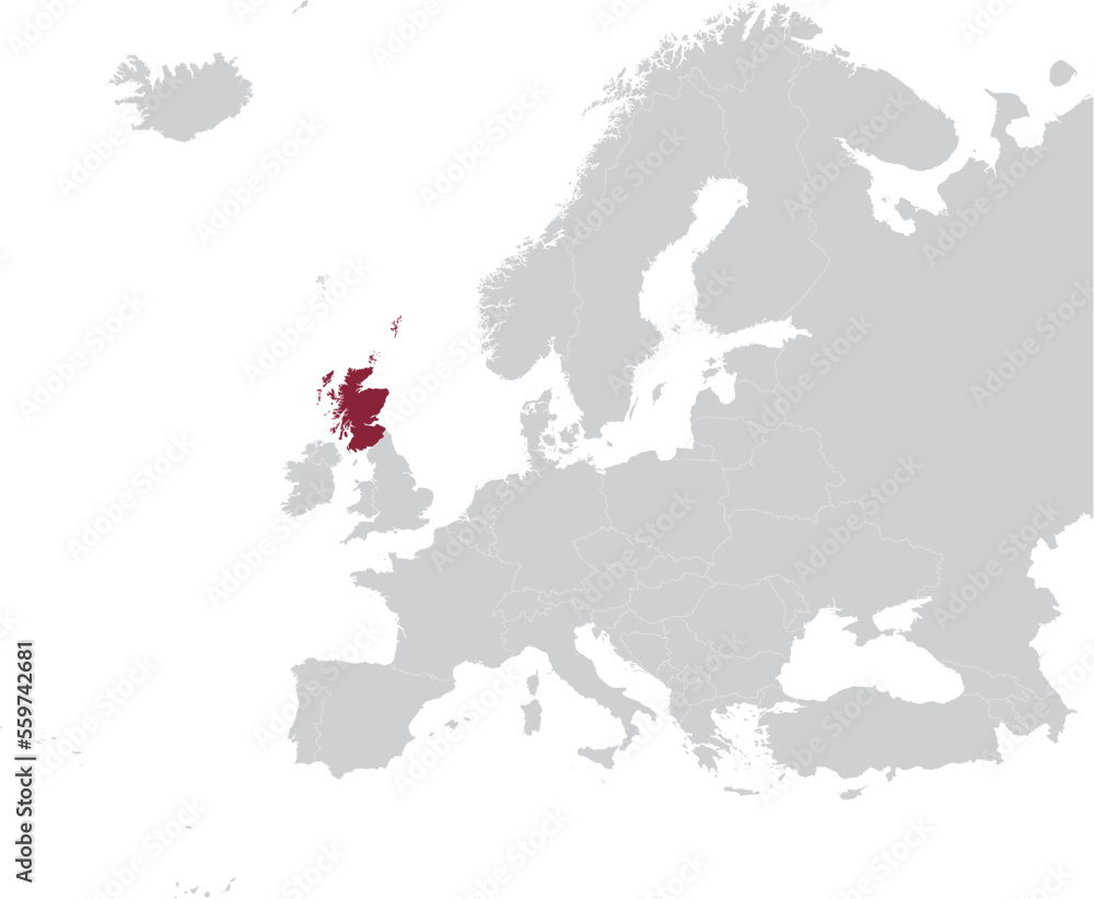 Obraz premium Maroon Map of Scotland within gray map of European continent