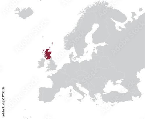 Maroon Map of Scotland within gray map of European continent