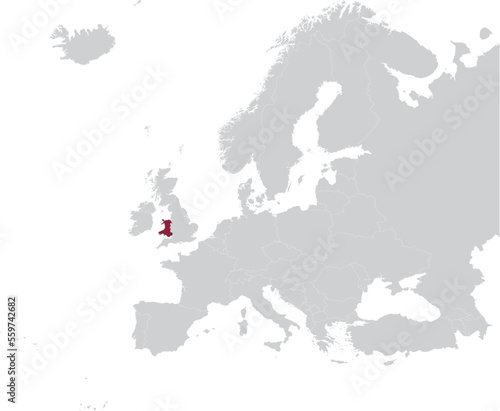 Maroon Map of Wales within gray map of European continent