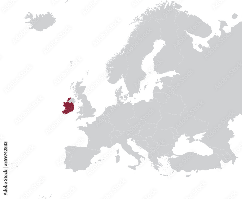 Obraz premium Maroon Map of Republic of Ireland within gray map of European continent