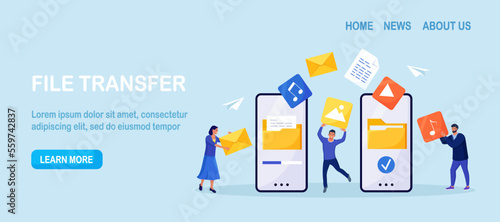 File Transfer. Smartphones with folders on screen, transferred documents. Copy files, data exchange, backup. Saving document on storage. Digital data migration between devices People sharing files