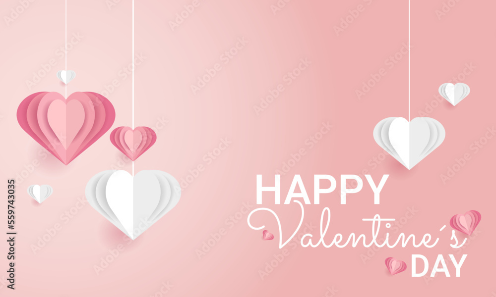 Gradient background with 3D effect paper hearts. Paper art Vector illustration. Love, valentine's day. Vector illustration