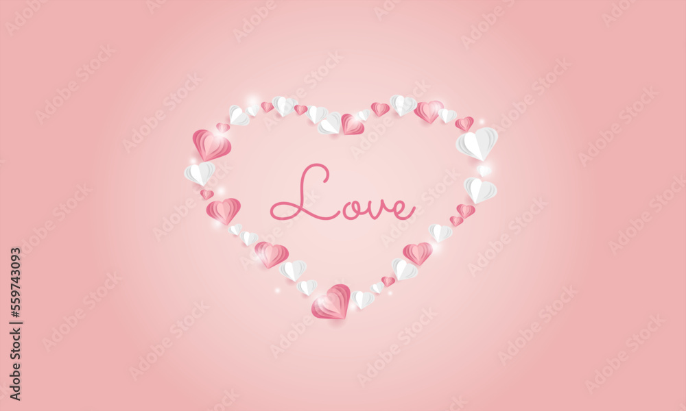 Gradient background with heart formed by several hearts. Paper art Vector illustration. Concept of love, passion, romanticism. Vector illustration
