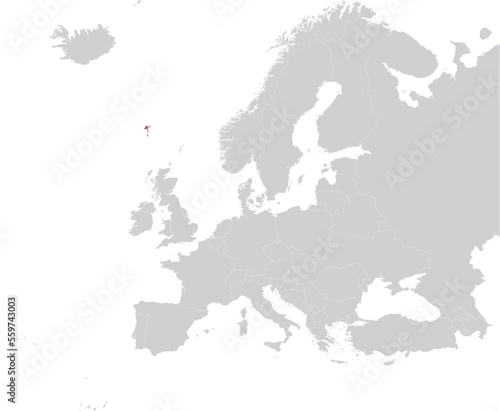 Maroon Map of Faeroe Islands within gray map of European continent