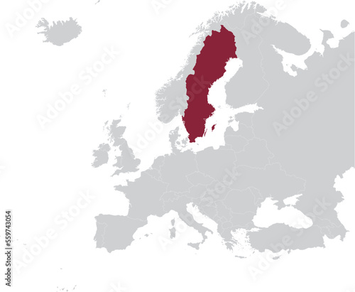 Maroon Map of Sweden within gray map of European continent