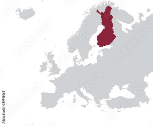 Maroon Map of Finland within gray map of European continent