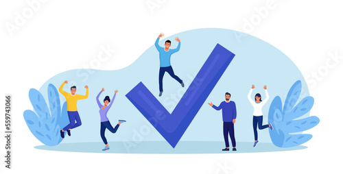 Happy employee people celebrating completed task near big check mark. Goals accomplished. Achieving personal, business goals. Plan fulfilled, mission finished. Successful execution of business tasks