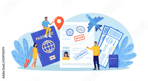Travel abroad. International vacation, emigration procedure. Opened passport with valid visa stamps, airline ticket. People getting document for leaving country. Vacation trip offer. Journey, tourism photo