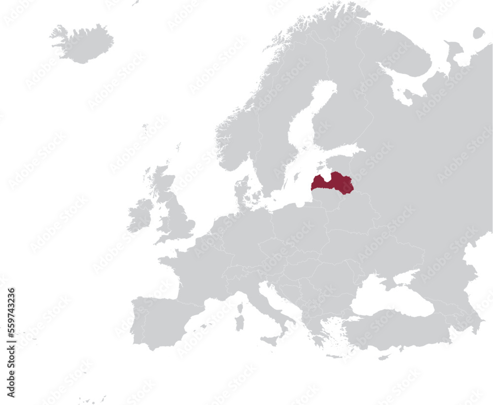 Maroon Map of Latvia within gray map of European continent