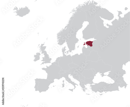 Maroon Map of Estonia within gray map of European continent