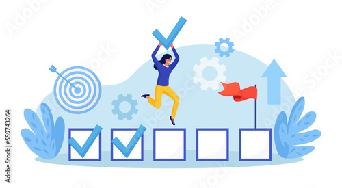 Happy employee woman celebrating completed task with check mark in hand. Goals accomplished. Achieving personal, business goal. Plan fulfilled, mission finished. Successful execution of business tasks