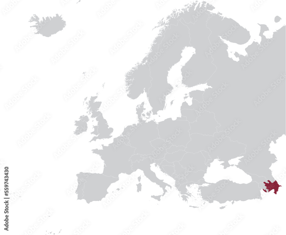 Fototapeta premium Maroon Map of Azerbaijan within gray map of European continent