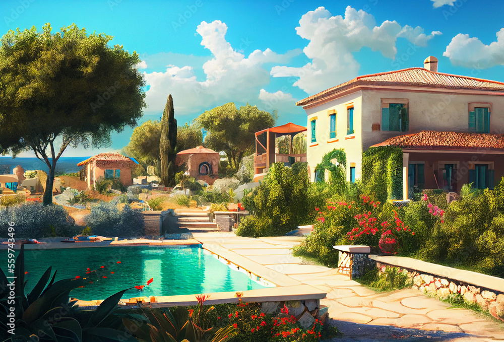 Cyprus resort. Beautiful architecture. Generative Ai Art. Picturesque landscape. Palms tree and blue sky.