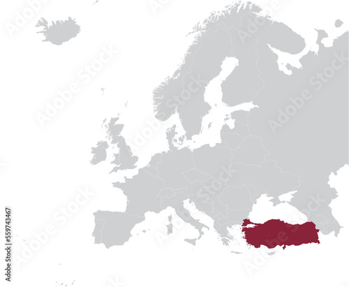 Maroon Map of Turkey within gray map of European continent