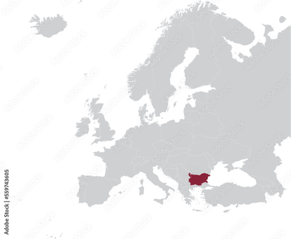 Obraz premium Maroon Map of Bulgaria within gray map of European continent